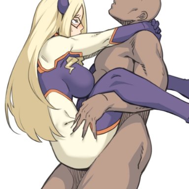 1boy, 1girls, ambiguous penetration, arms around neck, big breasts, blue eyes, bodysuit, breasts, dark-skinned male, dark skin, dyun, faceless male, hero outfit(mha), holding, horns