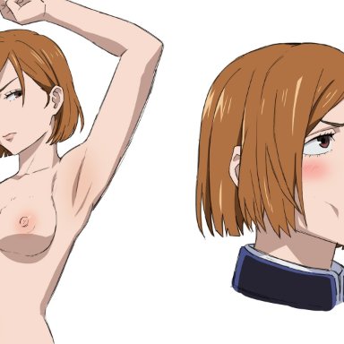 1girls, blush, breasts, brown eyes, dyed hair, fellatio, ginger hair, jujutsu kaisen, kugisaki nobara, nipples, nude, penis, shoganight, white background