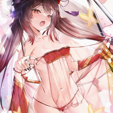 bra, breasts, brown hair, exotic pupils, genshin impact, hu tao (genshin impact), mathiamo13, micro bikini, midriff, navel, panties, petite, red eyes, small breasts, thighs