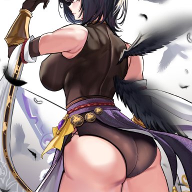 1girls, 2021, ass, ass focus, black clothing, black hair, breasts, feathered wings, feathers, female, female focus, female only, genshin impact, hi res, highleg leotard