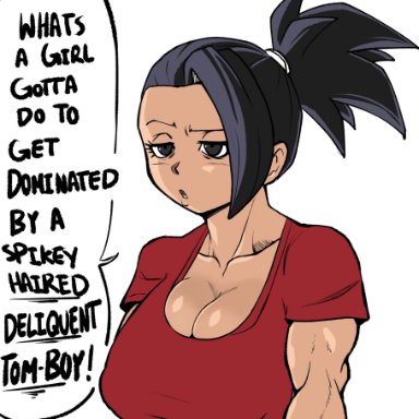 1girls, black hair, cleavage, dialogue, dragon ball, dragon ball super, english text, female focus, female only, female solo, huge breasts, implied yuri, kale, muscle, muscular female