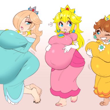 3girls, breasts, female, female only, hellbrain, holding breast, huge belly, huge breasts, hyper belly, hyper pregnancy, mario (series), pregnant, princess daisy, princess peach, princess rosalina