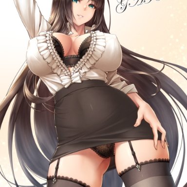 bangs, big breasts, black bra, black panties, blouse, bra, bra cups sticking out, brown hair, female, female only, gaia (mythology), garter straps, goddess, greek mythology, green eyes