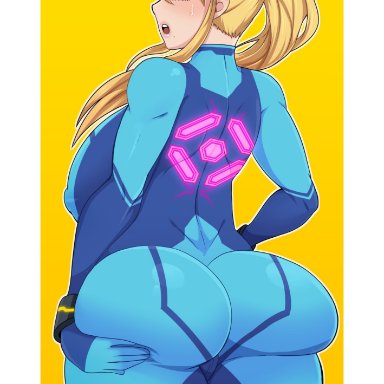 1girls, ass, big ass, breasts, female, female only, furanh, huge ass, huge breasts, looking at viewer, looking back, metroid, samus aran, solo, thick thighs