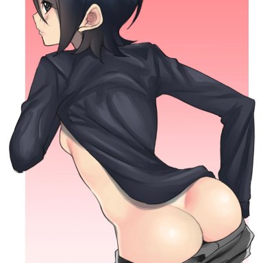 1girls, arched back, ass, bent over, big ass, big butt, black eyes, black hair, black shirt, blush, boruto: naruto next generations, bottomless, bubble ass, bubble butt, clothed