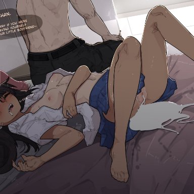 1boy, 1girls, after sex, after vaginal, areolae, black hair, blush, breasts, brother and sister, cum, cum inside, excessive cum, female, hayase nagatoro, incest