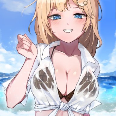 1girls, artist request, beach, bikini, bikini under clothes, blonde hair, blue eyes, blush, breasts, brown bikini, grin, hair ornament, hololive, hololive english, large breasts