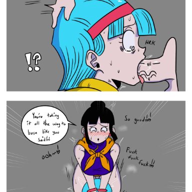 1futa, 1girls, back, bent over, big penis, black eyes, black hair, blowjob, blue eyes, blue hair, blush, breasts, bulma briefs, chichi, clothing