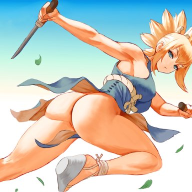 1girls, anus, ass, ass focus, back view, big ass, big butt, blonde hair, blue eyes, breasts, bubble ass, bubble butt, clothed, dagger, dr.stone