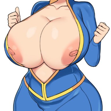 1girls, areolae, ass, big ass, big breasts, blonde hair, blush, bob cut, breasts, breasts bigger than head, cham22, clothing, exposed breasts, fallout, female