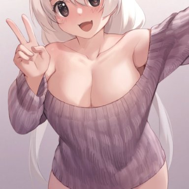 1girls, big breasts, black eyes, blush, breasts, cleavage, cowboy shot, cute, female, female only, heart, iwbitu, large breasts, looking at viewer, nyopu (iwbitu)