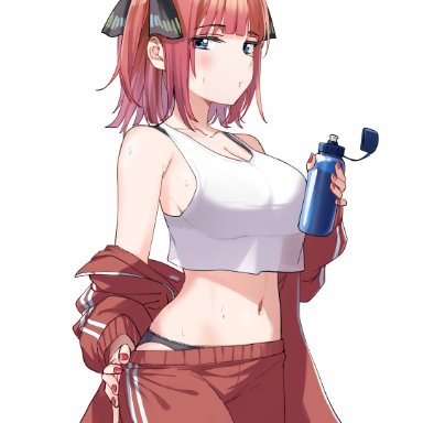 1girls, absurdres, armpit crease, artist request, bare shoulders, black panties, blue eyes, bottle, bra strap, breasts, cleavage, collarbone, crop top, crop top overhang, go-toubun no hanayome