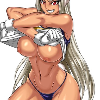 abs, absurd res, big breasts, bunny ears, bunny tail, dark-skinned female, dark skin, fangs, female, female only, grin, highres, long hair, miruko, muscular