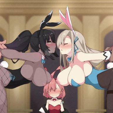2boys, 3girls, age difference, asuna (blue archive), blue archive, breast press, breasts, bunny ears, bunny girl, bunny tail, bunnysuit, color, curvaceous, different breast sizes, faceless male