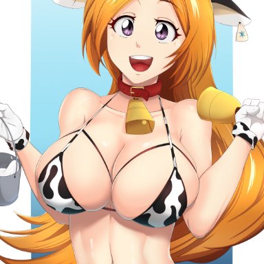 1girls, 2021, absurdres, animal ears, animal print, bell, bikini, bleach, breasts, bucket, castell, collar, cow ears, cow girl, cow print