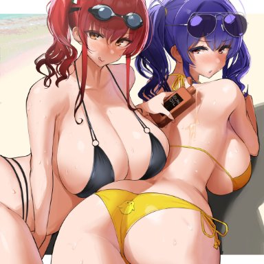 2girls, absurdres, ass, azur lane, back, bangs, bare shoulders, beach, bikini, black bikini, blush, breasts, butt crack, cleavage, collarbone