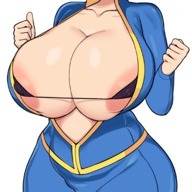 1girls, areolae, ass, big ass, big breasts, blonde hair, blush, bob cut, bra, breasts, breasts bigger than head, cham22, clothing, exposed breasts, fallout