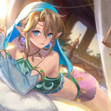 blue eyes, curtains, dirty blonde hair, earrings, femboy, gerudo, gerudo link, gerudo top, hylian, link, pillow, pointy ears, solo male, the legend of zelda, the legend of zelda: breath of the wild