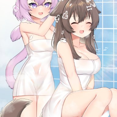 2d, 2girls, 4k, absurd res, animal ears, animal tail, bare shoulders, big breasts, blush, brown hair, cat ears, cat girl, cat tail, catgirl, closed eyes