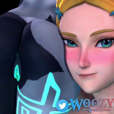 2girls, 3d, animated, ass, ass focus, ass grab, blonde hair, blue eyes, breath of the wild, glowing pussy, hylian, imp midna, large ass, midna, nintendo