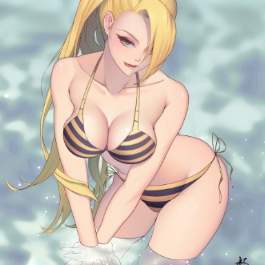 1girls, beach, bikini, bikini bottom, blonde hair, breasts, cleavage, clothing, female, green eyes, hair over one eye, high resolution, ino yamanaka, large breasts, leaning forward