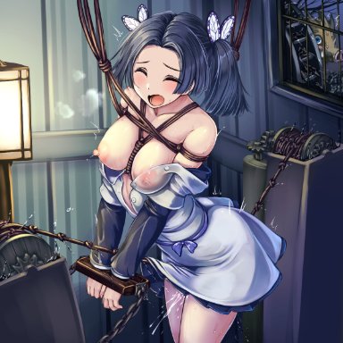 1girls, apron, bare shoulders, being watched, big breasts, black hair, blush, bondage, bound, butterfly hair ornament, chained wrists, chains, demon slayer, detailed background, female