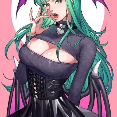 1girls, capcom, choker, cleavage cutout, corset, darkstalkers, demon wings, dress, fangs, female, female only, finger to mouth, garter straps, green eyes, green hair