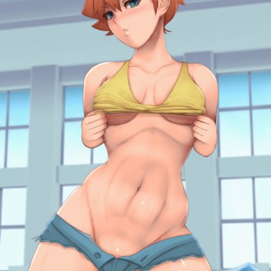 asymmetrical hair, blue eyes, blue shorts, blush, breasts, clothes pull, cutoffs, denim, denim shorts, female, game freak, highres, kasumi (pokemon), large filesize, looking at viewer