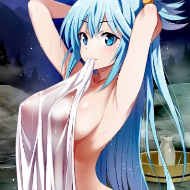 aqua (konosuba), armpits, arms behind head, arms up, bangs, blue eyes, blue hair, blush, breasts, clavicle, closed mouth, covering, covering nudity, eyebrows visible through hair, female