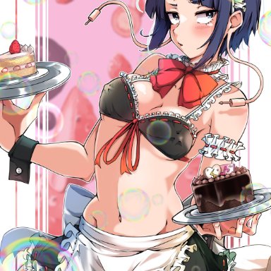 bare midriff, bowtie, bra, breasts, busty, cleavage, erect nipples, female, female focus, female only, hourglass figure, kyoka jiro, maid, maid apron, maid headdress