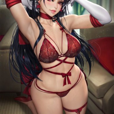 bishoujo senshi sailor moon, black hair, gloves, lingerie, looking at viewer, neoartcore, red lingerie, rei hino, sailor mars