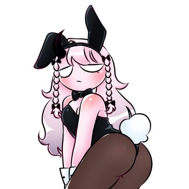 aged up, ass focus, blush, braid, bunny ears, bunny tail, bunnysuit, female, female focus, female only, friday night funkin, horn, little horny, long hair, looking at viewer
