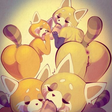 1boy, 2girls, aggressive retsuko, anthro, ass, ball sucking, blush, collaborative fellatio, double fellatio, fellatio, female, first person view, furry, lips, lipstick