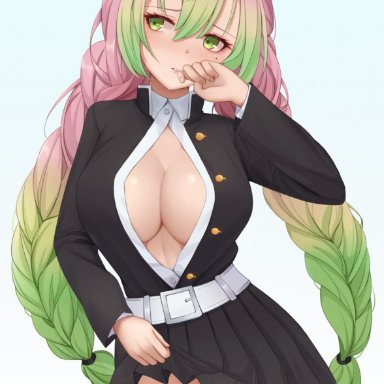 bangs, big breasts, blush, braided hair, cleavage, clothing, demon slayer, female, female only, gradient hair, green eyes, kanroji mitsuri, kimetsu no yaiba, long hair, long sleeves