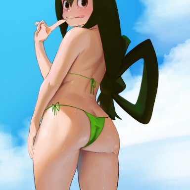 1girls, ass, atric18, bikini, blush, female, long hair, looking back, micro bikini, my hero academia, solo, standing, thighs, tsuyu asui