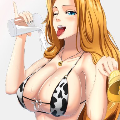 1girls, 2021, absurdres, animal ears, animal print, bell, bikini, bleach, blue eyes, breasts, castell, cleavage, cow ears, cow print, cup