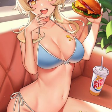 1girls, 2021, belly button, bikini, blonde hair, blue bikini, breasts, burger, female, female focus, female only, flower hair ornament, food, fries, genshin impact