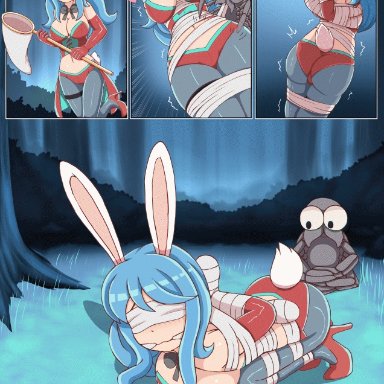 animated, aster-effect, big breasts, blindfold, blue hair, bondage, bound, breasts, bunny ears, bunny girl, femsub, gag, original character, spider, spider web