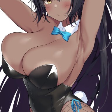 1girls, 2021, aqua bow, aqua bowtie, aqua ribbon, armpits, arms up, bangs, black hair, black leotard, blue archive, blush, bow, bowtie, breasts