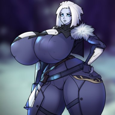 1girls, alternate body type, alternate breast size, blue eyes, blue skin, bodysuit, breasts, cleavage, curvy, destiny (game), female, female only, female solo, huge breasts, lewdreaper