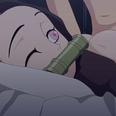 1boy, 1girls, animated, ass, ass focus, ass up, bamboo, black hair, clothing, gif, kamado nezuko, kimetsu no yaiba, looking back, pink eyes, prone bone