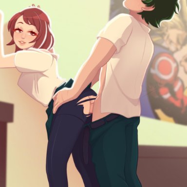 blush, izuku midoriya, my hero academia, ochako uraraka, penetration, ripped clothing, s0uxie, sex, vaginal penetration