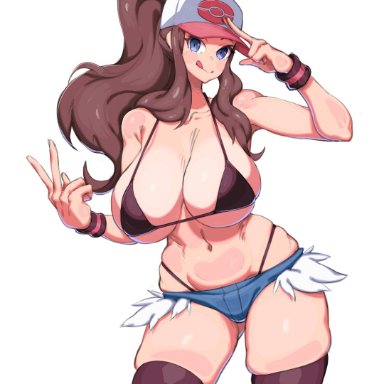 1girls, alternate version available, big breasts, blue eyes, breasts, brown hair, female, hilda (pokemon), huge breasts, large breasts, makinakid, minishorts, nintendo, pokemon, pokemon bw