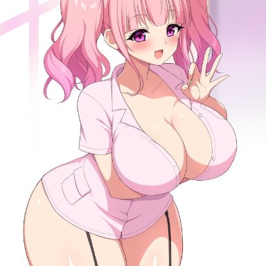 big breasts, big thighs, bimbo, blowjob gesture, blush, busty, cleavage, curvy, cute, haikome, hourglass figure, huge breasts, lewd, looking at viewer, nurse