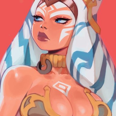 ahsoka tano, blue eyes, cleavage, eymbee, harem girl, harem outfit, jedi, large breasts, orange skin, slave, slave bikini, slave collar, slave outfit, slavegirl, star wars