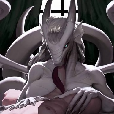 animated, anthro, big breasts, breasts, dragon, duo, erection, faceless male, fellatio, female, horn, human, human on anthro, humanoid penis, interspecies