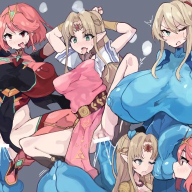 1futa, 2girls, big breasts, blonde hair, blush, bodysuit, curvy, female, form fitting, futa on female, futanari, huge breasts, kemomoz, licking balls, metroid