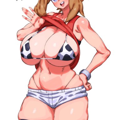 1girls, alternate version available, big breasts, breasts, cow bikini, eye contact, female, huge breasts, large breasts, looking at viewer, makinakid, may (pokemon), minishorts, nintendo, pokemon