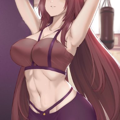 1girls, 2020, armpits, arms behind head, arms up, bangs, bare shoulders, black pants, blush, bra, breasts, cleavage, collarbone, fate/grand order, fate (series)