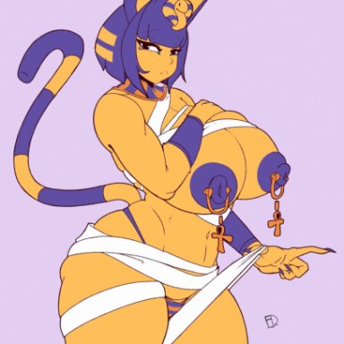 1girls, animal crossing, ankha, anthro, areolae, breasts, female, female only, fiffer, furry, huge breasts, looking at viewer, nipple piercing, nipples, piercing